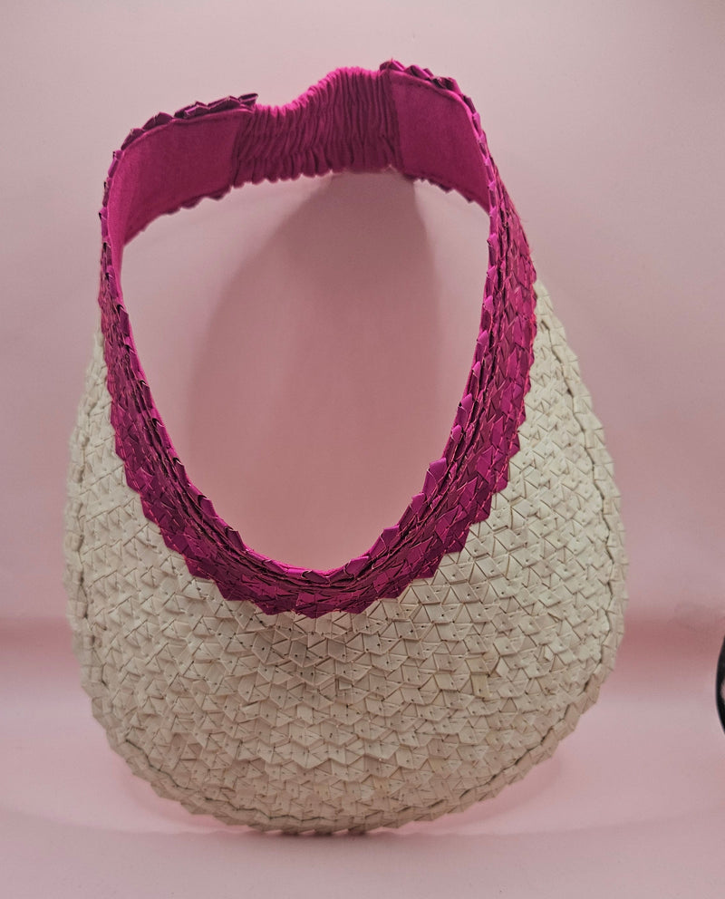 palm leaf visors in green, pink, and navy with natural straw brims