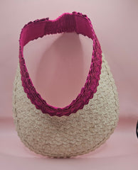 palm leaf visors in green, pink, and navy with natural straw brims