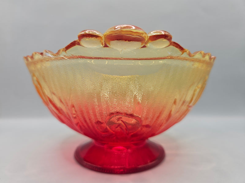 Vintage Jeannette Glass Amberina Iris & Herringbone Scalloped Frosted Bowl, 3.5 inches tall, 6 inches wide, with yellow-to-red gradient and floral pattern