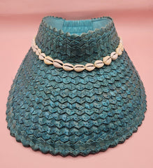  woven palm visors with cowrie shell trim in black, blue, yellow, and green