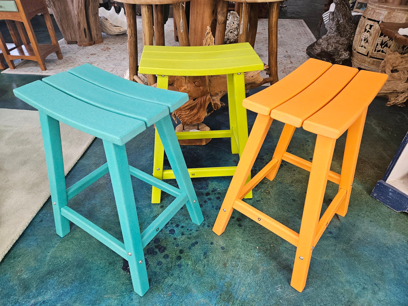 durable Polywood stools (24"x18") in vibrant Orange, Green, or Blue. Fade and rot-resistant, perfect for indoor or outdoor use.