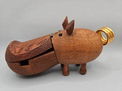 Vintage Zoo Line Teak Carved Hinged Wood Hippo Desk Accessory Organizer Japan