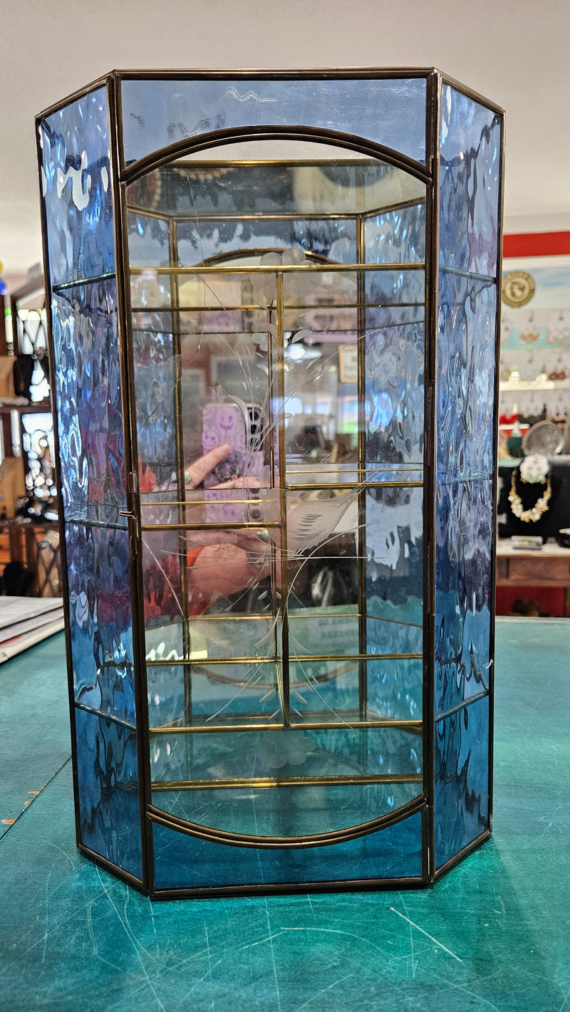 vintage stained glass curio cabinet with blue ripple glass sides and etched glass door