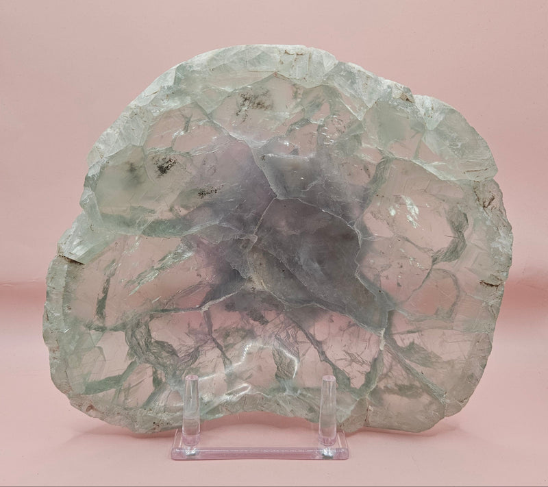 Polished fluorite crystal bowl with green banding, measuring 8.5 inches wide.