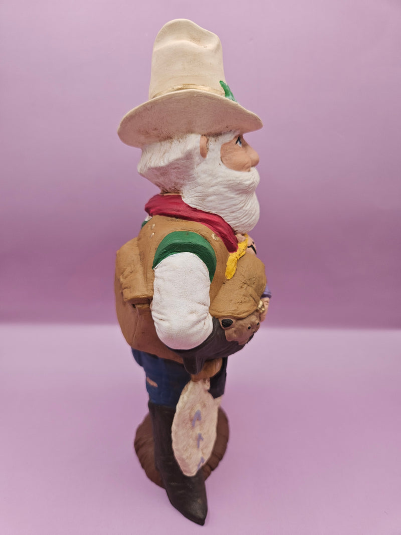 Handmade Western Santa with cowboy hat, toy bag, and lasso, 8.5"x4"