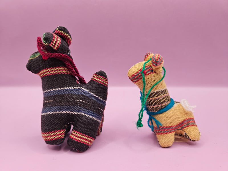 Set of two woven Guatemalan plush animal ornaments, multicolor dark and yellow, handwoven.