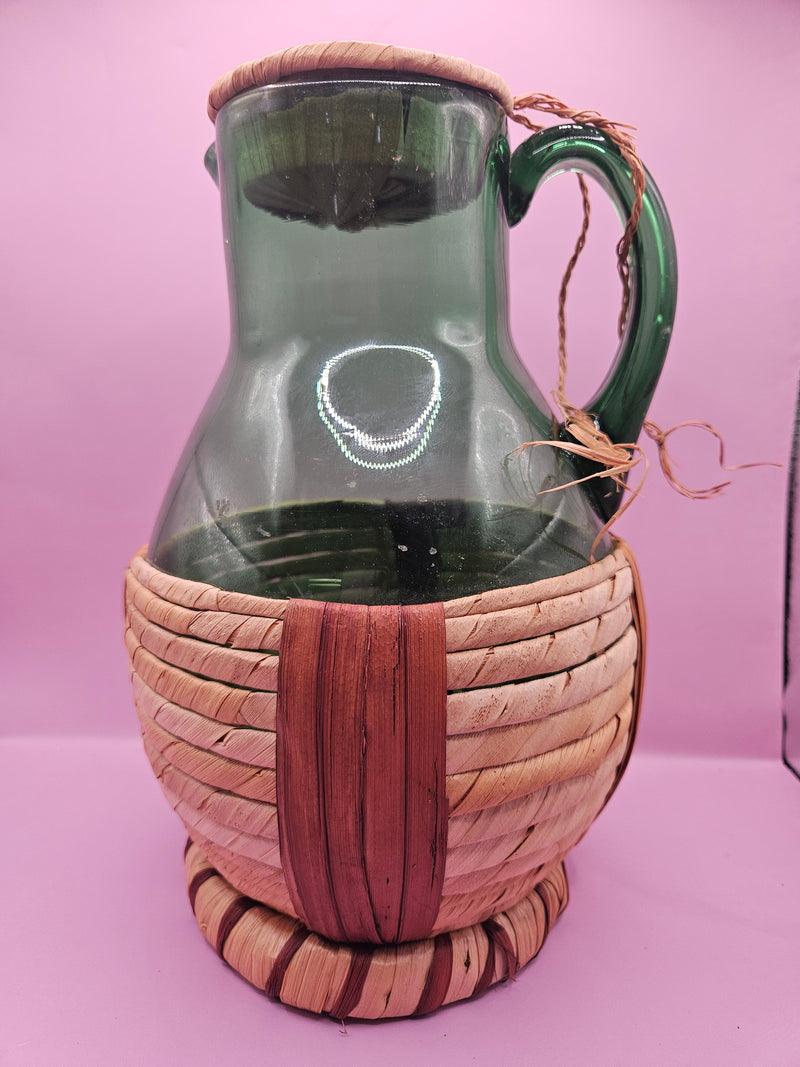 Vintage Green Wine Sangria Pitcher With Straw Base And Cover