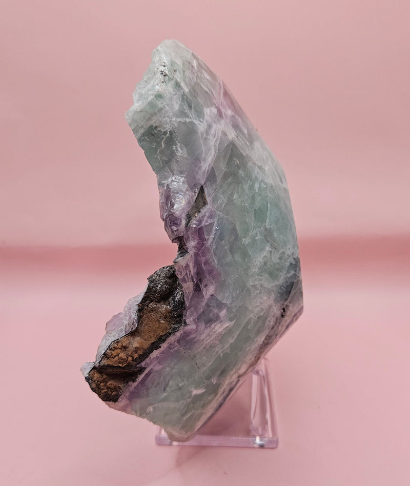 Polished fluorite crystal bowl with green banding, measuring 8 inches wide.