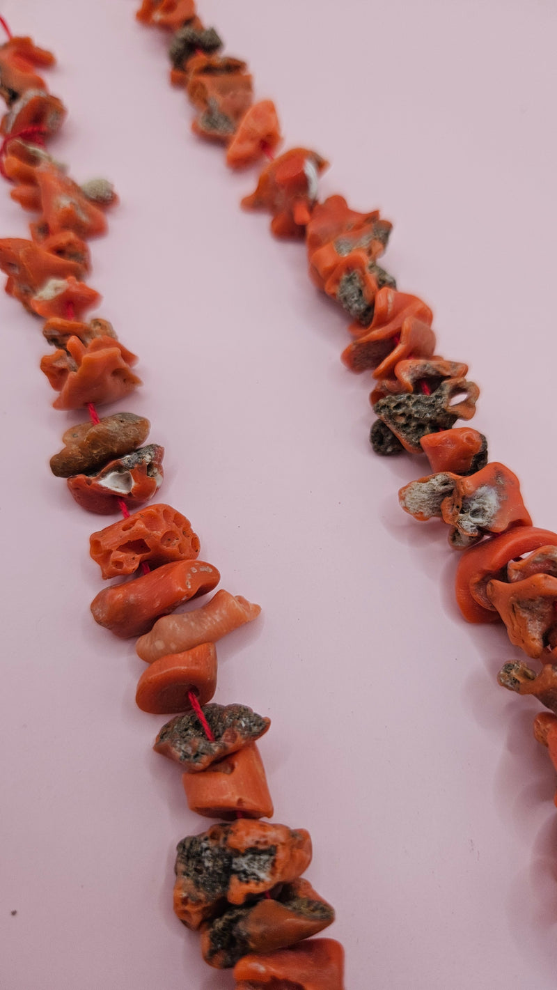 Strand of raw Mediterranean red coral beads, 51 grams, 20 inches, with natural matrix textures for rustic jewelry making