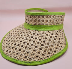  woven rattan visors with faux leather trim in black, red, green, and brown