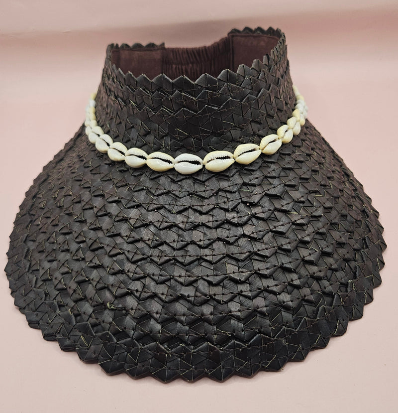  woven palm visors with cowrie shell trim in black, blue, yellow, and green