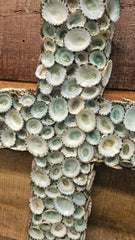 Rustic wooden cross decorated with green-blue limpet shells for coastal wall décor 26x19.75