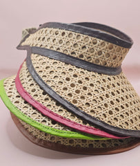  woven rattan visors with faux leather trim in black, red, green, and brown