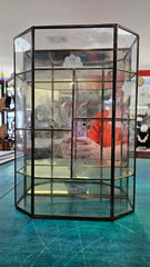 Vintage glass curio cabinet with brass trim and etched floral glass, suitable for wall hanging or tabletop display