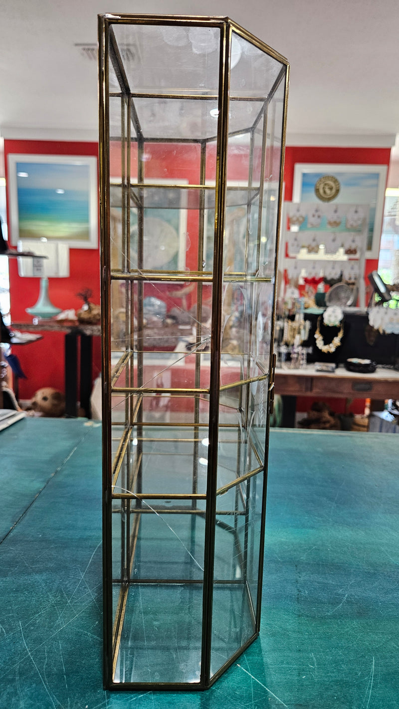 Vintage hexagonal glass curio cabinet with brass trim and etched floral design, 15 inches tall