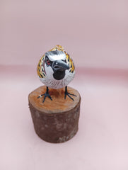  Hand-painted yellow and purple songbird figurine on wood base – 5.5 to 6 inches