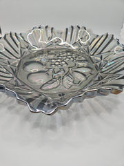 Vintage Grey Carnival Glass Bowl With Fluted Edges & Raised Fruit Bottom