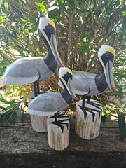 Carved wooden pelican decor in three sizes, small (11.5 x 7 inches), medium (14 x 9.5 inches), and large (17.75 x 11 inches), perfect for coastal decor