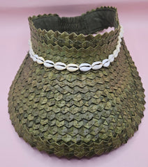  woven palm visors with cowrie shell trim in black, blue, yellow, and green