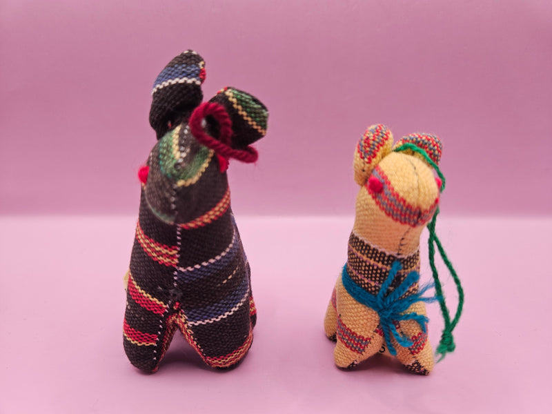 Set of two woven Guatemalan plush animal ornaments, multicolor dark and yellow, handwoven.