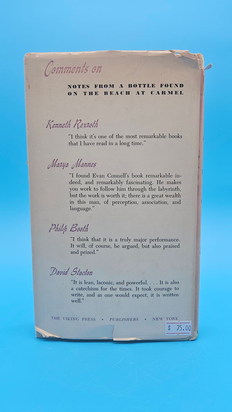 1963 first edition hardcover of Notes from a Bottle Found on the Beach at Carmel by Evan S. Connell Jr. with teal illustrated dust jacket and inscription.
