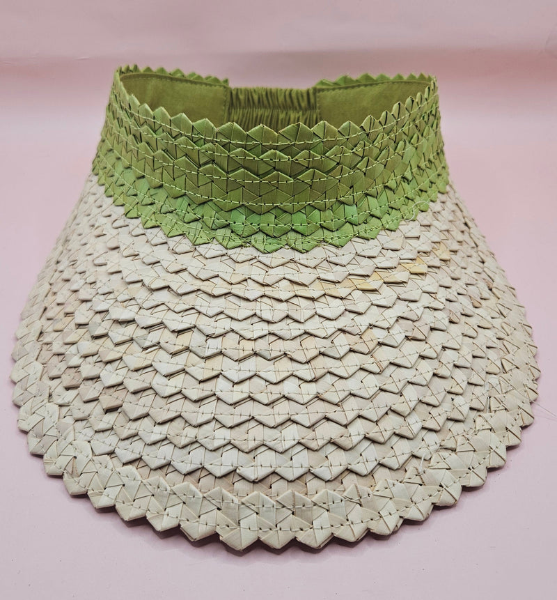 palm leaf visors in green, pink, and navy with natural straw brims