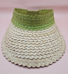 palm leaf visors in green, pink, and navy with natural straw brims