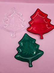 Vintage set of three small tree-shaped dishes made of hard plastic, measuring 5.5 inches by 4.75 inches, perfect for holiday snacks and decor