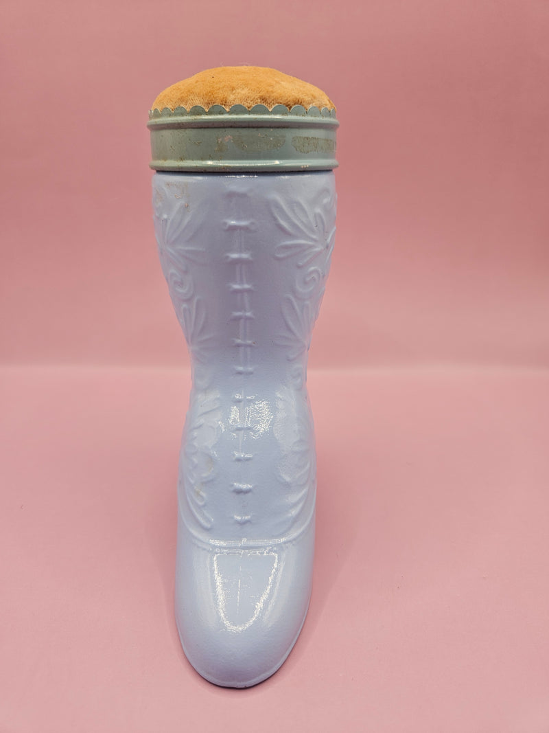 Vintage 1970's Avon Blue Fashion Boot Cologne Bottle With Pin Cushion Topper