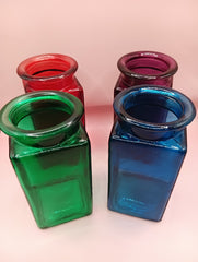 Colorful vintage square glass bottles in green, red, purple, and blue – 6