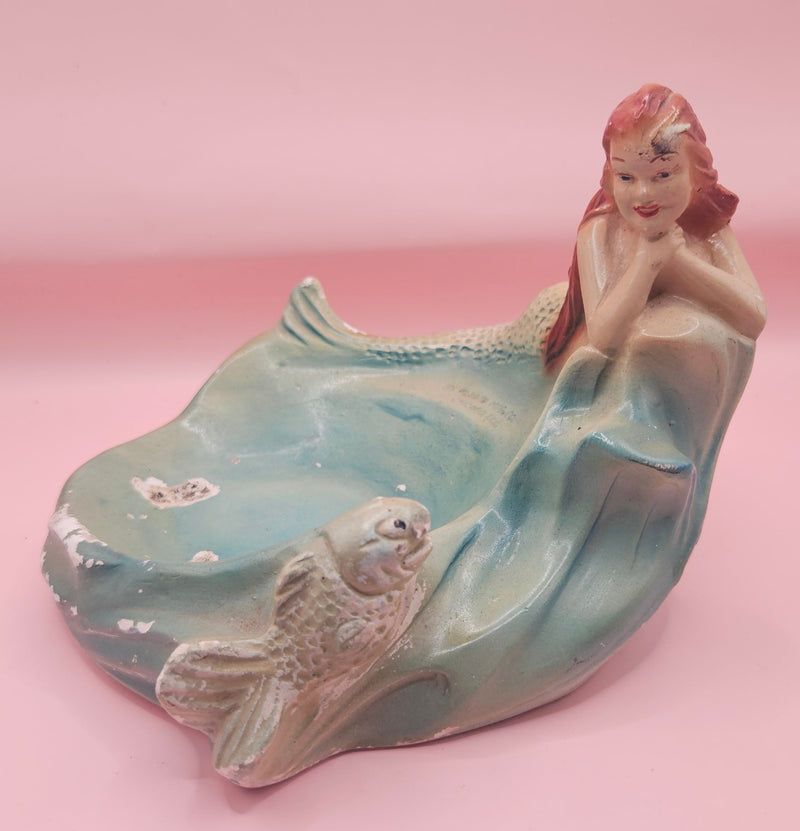 Vintage plaster mermaid dish with aqua finish, Plasto Mfg. Co. Chicago 1950s