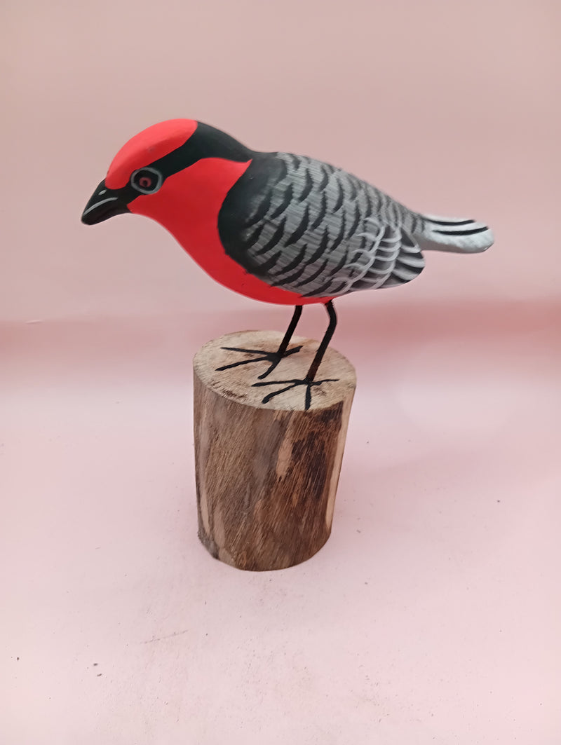 Hand-painted red songbird figurine on wood base – 5.5 inches