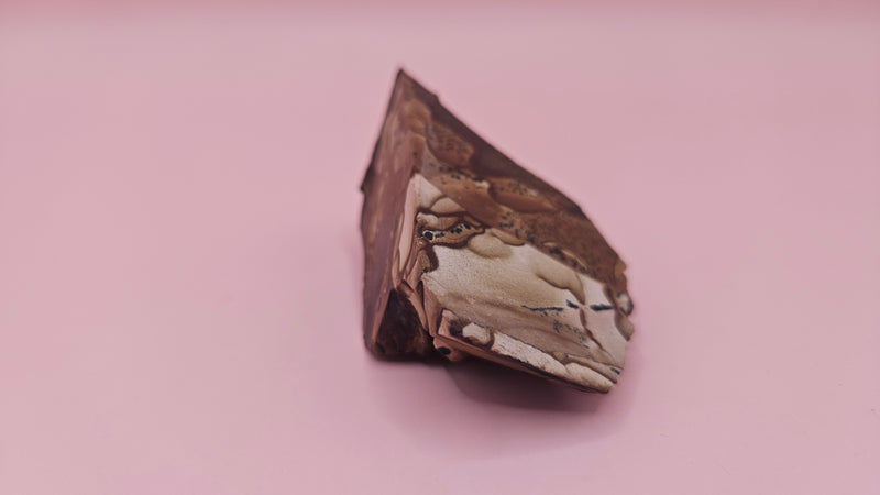 Rough Deschutes Jasper specimen with scenic brown and gold banding, 38g collector’s stone from Oregon shown in hand.