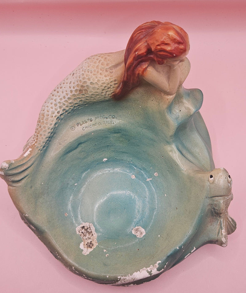 Vintage plaster mermaid dish with aqua finish, Plasto Mfg. Co. Chicago 1950s