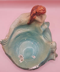 Vintage plaster mermaid dish with aqua finish, Plasto Mfg. Co. Chicago 1950s