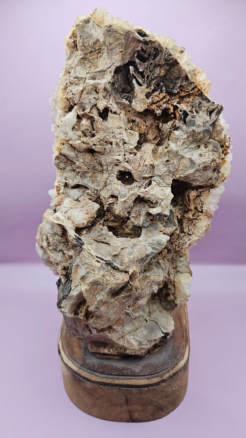 Teak mounted quartz geode with shimmering crystals on a polished wood base, 12x6.25 inches, perfect for home decor