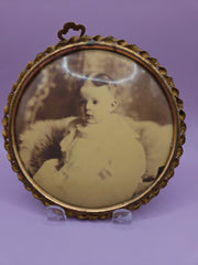 Vintage Celluloid Photo Button Young Child Gold Ornate Frame