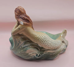 Vintage plaster mermaid dish with aqua finish, Plasto Mfg. Co. Chicago 1950s