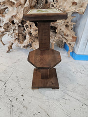 Art Deco wooden side table with ceramic tile top featuring floral design, 27.5x17.5x9.5 inches