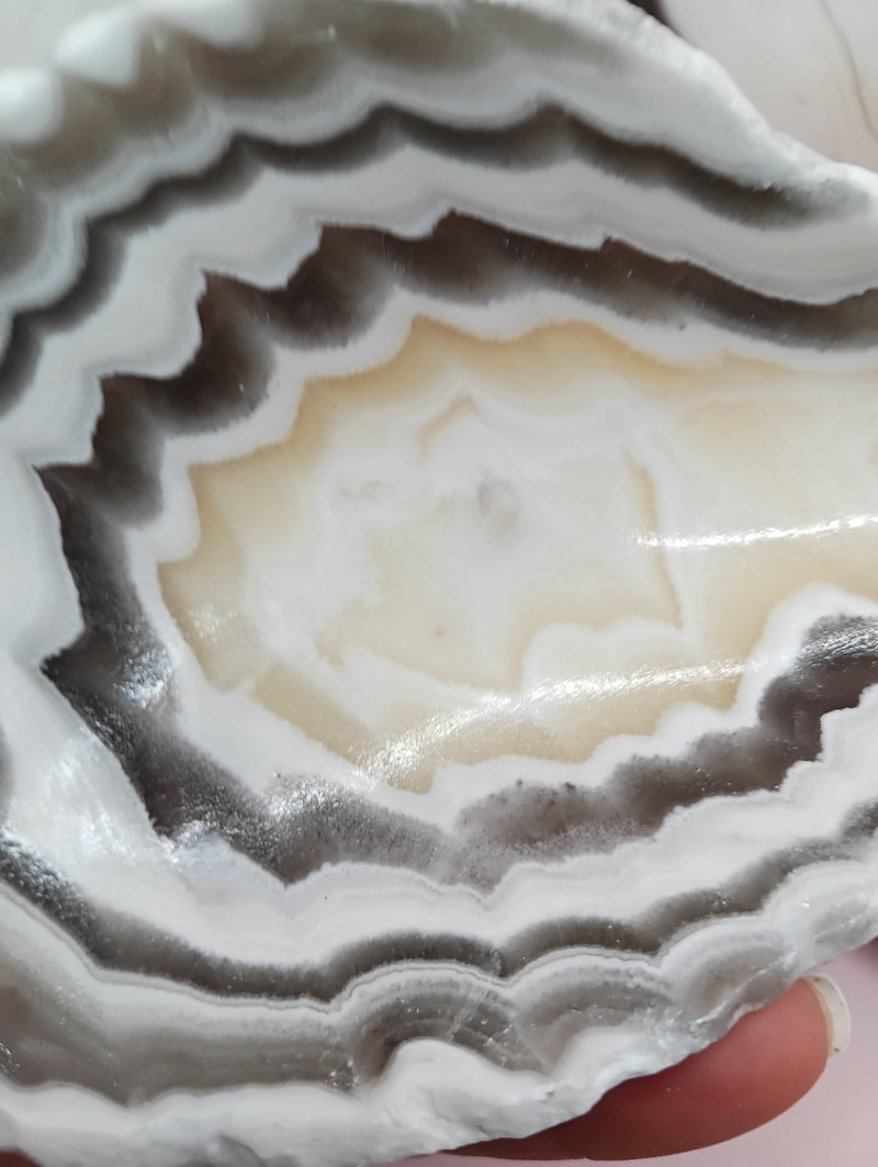 Polished natural onyx shell bowls with layered cream, gray, and brown tones