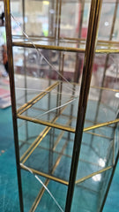 Vintage hexagonal glass curio cabinet with brass trim and etched floral design, 15 inches tall