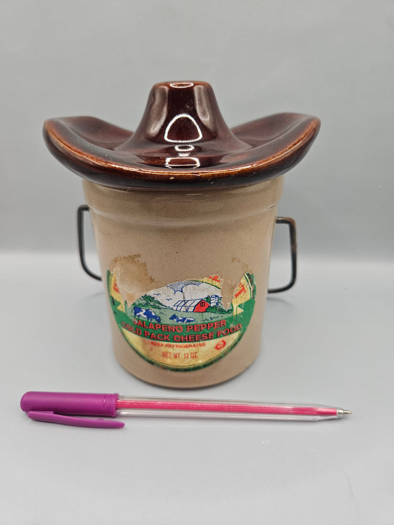 Vintage 6"x4.5" Stoneware Crock with Jalapeño Pepper Cold Pack Cheese Food Label, wire handle, brown glazed lid