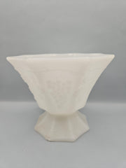 vintage milk glass candy dish with a harvest grape design, measuring 4.75