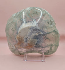 Polished fluorite crystal bowl with green banding, measuring 8.5 inches wide.