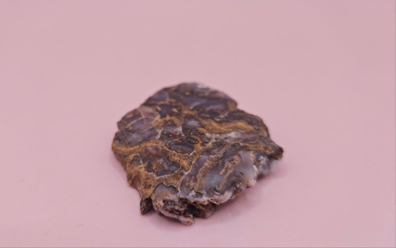 23g Moss Agate slab with smoky lavender tones and golden mossy veins, 2.1x1.7 inch specimen held in hand.