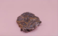 23g Moss Agate slab with smoky lavender tones and golden mossy veins, 2.1x1.7 inch specimen held in hand.