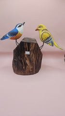 Hand-painted wooden songbird figurines in red/yellow and blue/yellow perched on rustic wood stumps, displayed on a green tabletop.