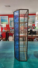 vintage stained glass curio cabinet with blue ripple glass sides and etched glass door