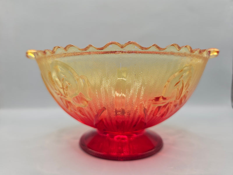 Vintage Jeannette Glass Amberina Iris & Herringbone Scalloped Frosted Bowl, 3.5 inches tall, 6 inches wide, with yellow-to-red gradient and floral pattern