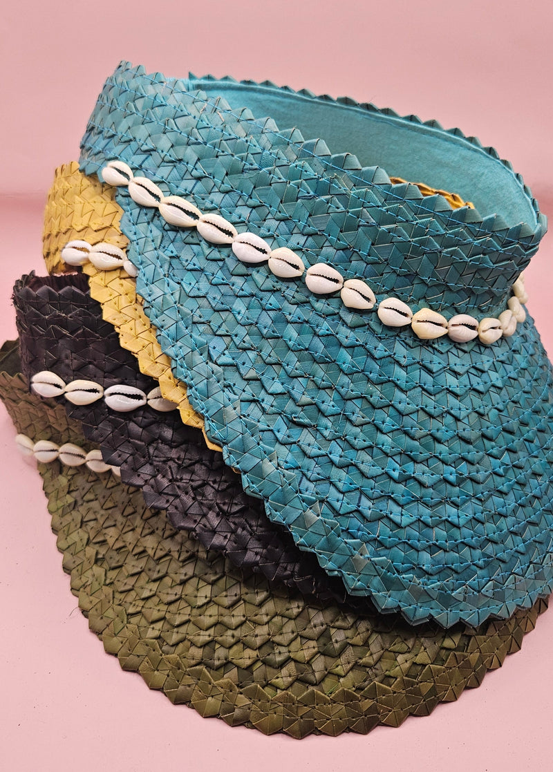  woven palm visors with cowrie shell trim in black, blue, yellow, and green